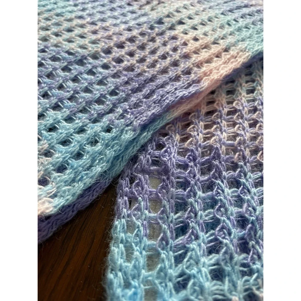 Alpaca Genuino Scarf Womens OS Pastel Blue Purple Mesh Knit Fringe Peruvian Boho